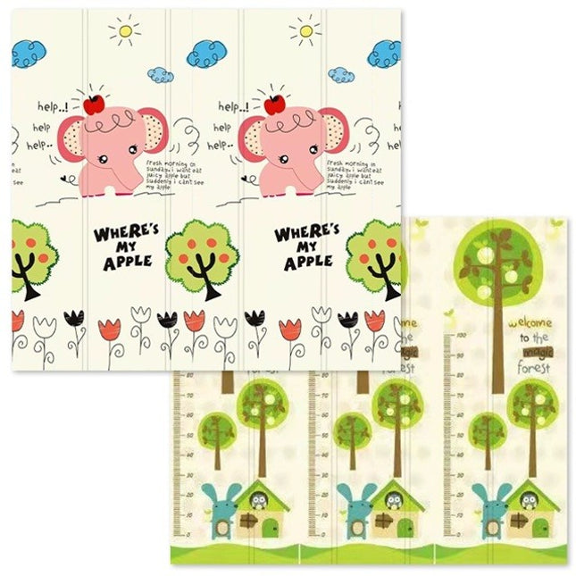 Covoras pentru Copii, cu 2 Fete, Model Elefantei/Padure, din XPE+PE, Impermeabil, Antiderapant, Protectie Termica, +3 Luni, Pliabil