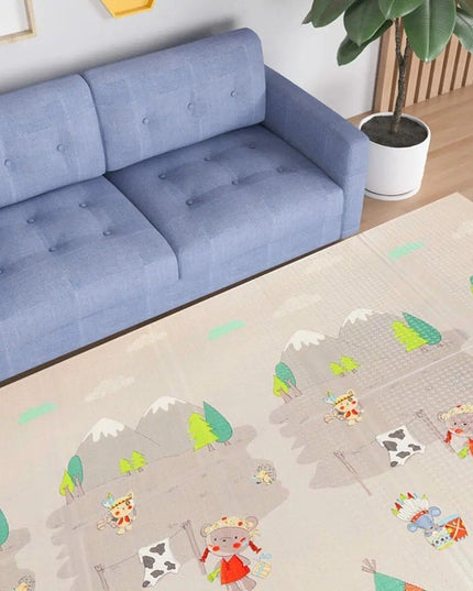 Covoras pentru Copii, cu 2 Fete, Model Maimute/Indieni, din XPE+PE, Impermeabil, Antiderapant, Protectie Termica, +3 Luni, Pliabil