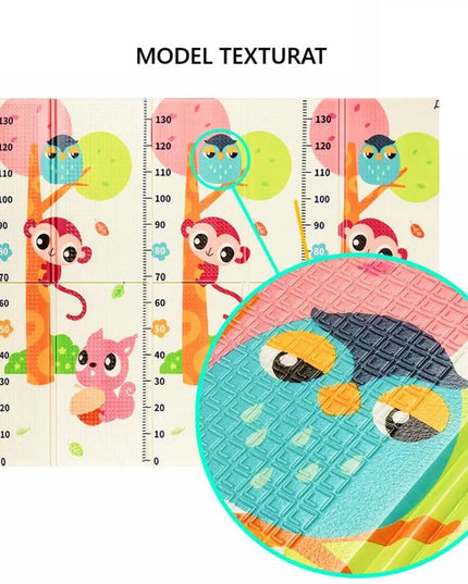 Covoras pentru Copii, cu 2 Fete, Model Maimute/Indieni, din XPE+PE, Impermeabil, Antiderapant, Protectie Termica, +3 Luni, Pliabil