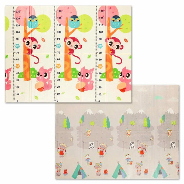 Covoras pentru Copii, cu 2 Fete, Model Maimute/Indieni, din XPE+PE, Impermeabil, Antiderapant, Protectie Termica, +3 Luni, Pliabil