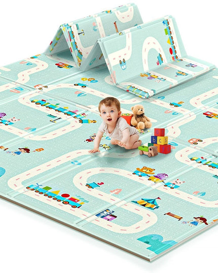 Covoras pentru Copii, cu 2 Fete, Model Oras/Safari, din XPE+PE, Impermeabil, Antiderapant, Protectie Termica, +3 Luni, Pliabil