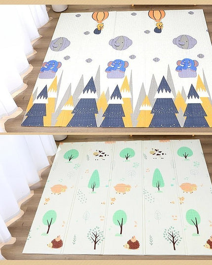 Covoras pentru Copii, cu 2 Fete, Model Padure/Elefanti, din XPE+PE, Impermeabil, Antiderapant, Protectie Termica, +3 Luni, Pliabil