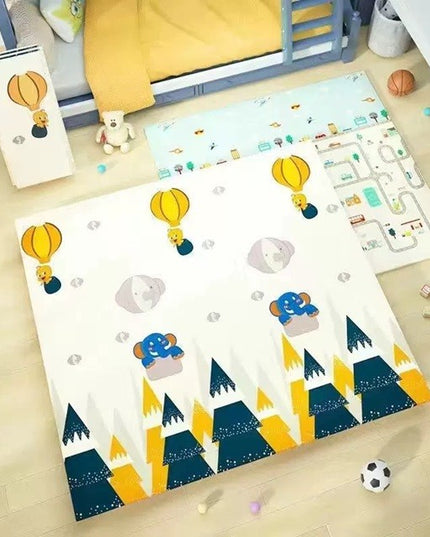 Covoras pentru Copii, cu 2 Fete, Model Padure/Elefanti, din XPE+PE, Impermeabil, Antiderapant, Protectie Termica, +3 Luni, Pliabil