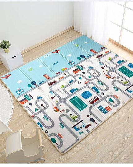 Covoras pentru Copii, cu 2 Fete, Model Trafic/Girafe, din XPE+PE, Impermeabil, Antiderapant, Protectie Termica, +3 Luni, Pliabil