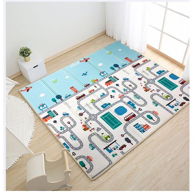 Covoras pentru Copii, cu 2 Fete, Model Trafic/Girafe, din XPE+PE, Impermeabil, Antiderapant, Protectie Termica, +3 Luni, Pliabil