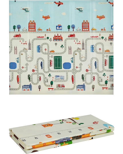 Covoras pentru Copii, cu 2 Fete, Model Trafic/Girafe, din XPE+PE, Impermeabil, Antiderapant, Protectie Termica, +3 Luni, Pliabil