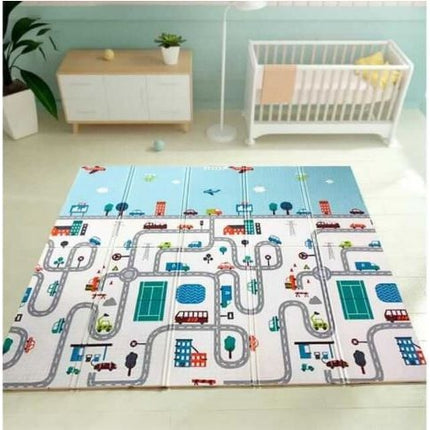 Covoras pentru Copii, cu 2 Fete, Model Trafic/Girafe, din XPE+PE, Impermeabil, Antiderapant, Protectie Termica, +3 Luni, Pliabil