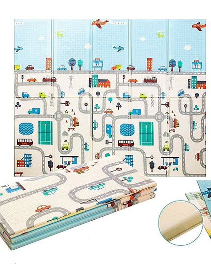 Covoras pentru Copii, cu 2 Fete, Model Trafic/Girafe, din XPE+PE, Impermeabil, Antiderapant, Protectie Termica, +3 Luni, Pliabil