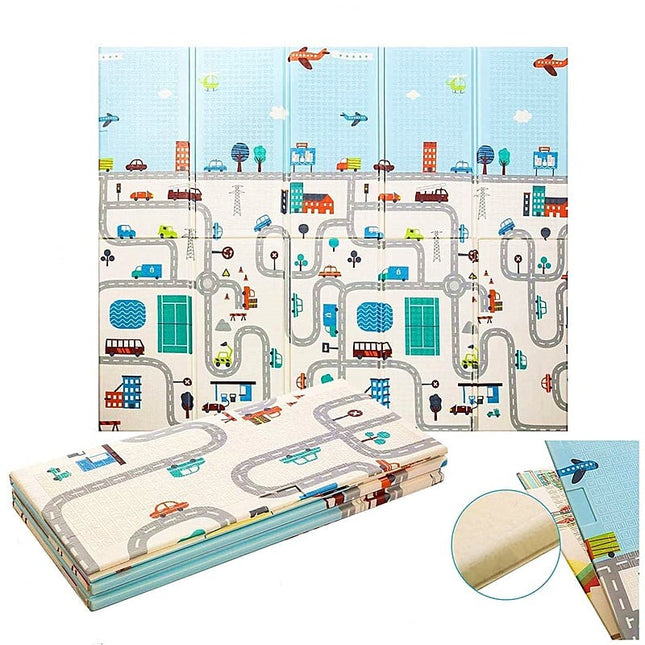 Covoras pentru Copii, cu 2 Fete, Model Trafic/Girafe, din XPE+PE, Impermeabil, Antiderapant, Protectie Termica, +3 Luni, Pliabil