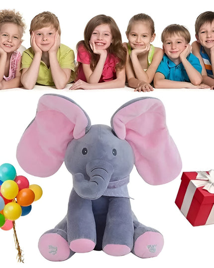 Jucarie Interactiva pentru Copii, Elefantel Peek-a-boo, Muzica, Misca Urechile, Alimentare cu Baterii, 30 cm, -