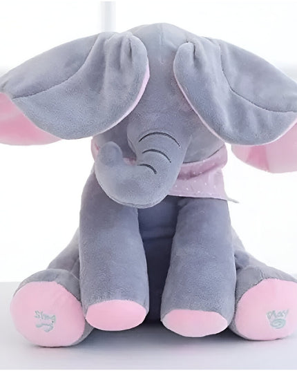 Jucarie Interactiva pentru Copii, Elefantel Peek-a-boo, Muzica, Misca Urechile, Alimentare cu Baterii, 30 cm, -
