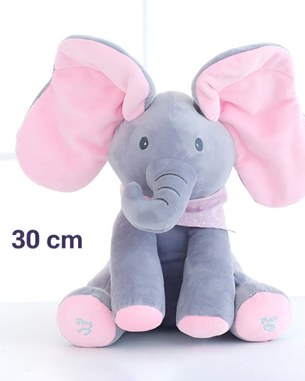 Jucarie Interactiva pentru Copii, Elefantel Peek-a-boo, Muzica, Misca Urechile, Alimentare cu Baterii, 30 cm, -