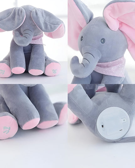Jucarie Interactiva pentru Copii, Elefantel Peek-a-boo, Muzica, Misca Urechile, Alimentare cu Baterii, 30 cm, -