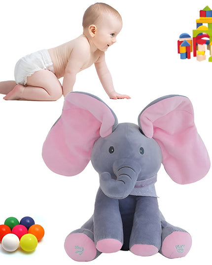 Jucarie Interactiva pentru Copii, Elefantel Peek-a-boo, Muzica, Misca Urechile, Alimentare cu Baterii, 30 cm, -