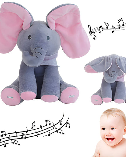 Jucarie Interactiva pentru Copii, Elefantel Peek-a-boo, Muzica, Misca Urechile, Alimentare cu Baterii, 30 cm, -