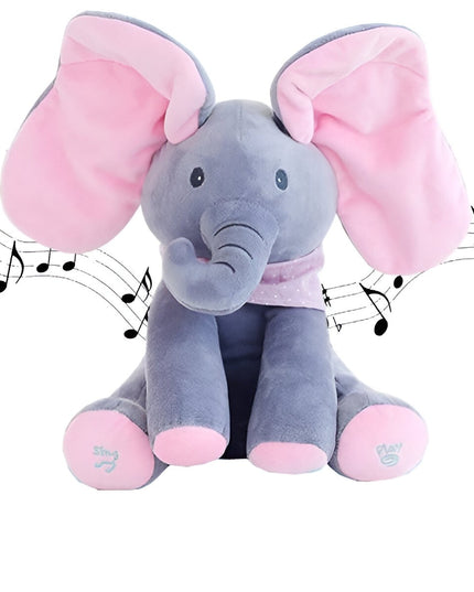 Jucarie Interactiva pentru Copii, Elefantel Peek-a-boo, Muzica, Misca Urechile, Alimentare cu Baterii, 30 cm, -