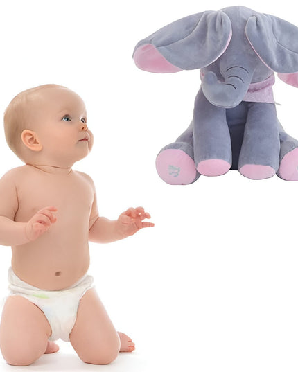 Jucarie Interactiva pentru Copii, Elefantel Peek-a-boo, Muzica, Misca Urechile, Alimentare cu Baterii, 30 cm, -