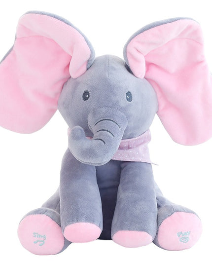 Jucarie Interactiva pentru Copii, Elefantel Peek-a-boo, Muzica, Misca Urechile, Alimentare cu Baterii, 30 cm, -