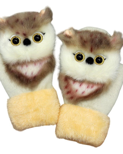 Manusi de Plus pentru Copii, de Iarna, Groase, Moi, Calduroase, Model Animat Bufnita Alba