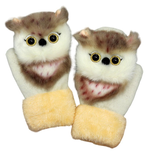 Manusi de Plus pentru Copii, de Iarna, Groase, Moi, Calduroase, Model Animat Bufnita Alba
