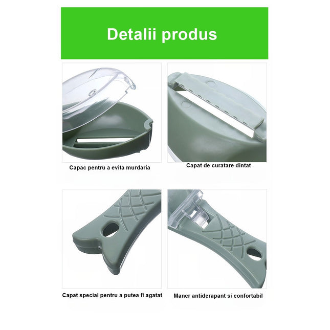 Curatator Manual Solzi de Peste, Forma Peste , Recipient cu Capcac pentru Solzi, Plastic, deschis, 16x6 cm