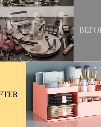 de Depozitare pentru Birou, Pentru Makeup, Papetarie, Organizator Cosmetice, 2 Sertare si Compartimente Multiple, Model Iepuras, Plastic