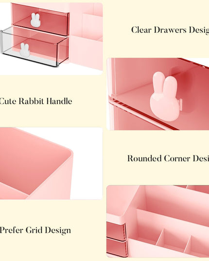 de Depozitare pentru Birou, Pentru Makeup, Papetarie, Organizator Cosmetice, 2 Sertare si Compartimente Multiple, Model Iepuras, Plastic