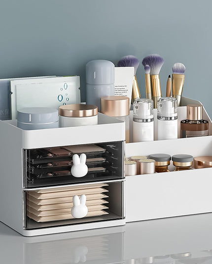 de Depozitare pentru Birou, Pentru Makeup, Papetarie, Organizator Cosmetice, 2 Sertare si Compartimente Multiple, Model Iepuras, Plastic