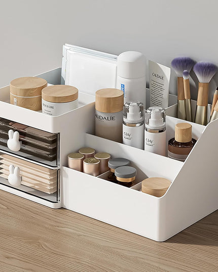 de Depozitare pentru Birou, Pentru Makeup, Papetarie, Organizator Cosmetice, 2 Sertare si Compartimente Multiple, Model Iepuras, Plastic