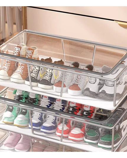 Cutie de Depozitare pentru Pantofi, 60x30x21 cm, din Plasa PVC Impermeabila si Cadru de Otel, Pliabila, Fermoar Bidirectional, Transparenta