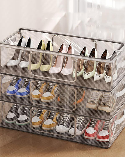 Cutie de Depozitare pentru Pantofi, 60x30x21 cm, din Plasa PVC Impermeabila si Cadru de Otel, Pliabila, Fermoar Bidirectional, Transparenta