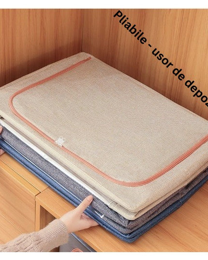 de Depozitare Pliabila, 100 L, din Bumbac si In,2 Ferestre, Frontala si Laterala, 2 Usi de Acces cu Fermoar Bidirectional, Cadru Metalic, Suport Baza Stabil din Plastic, Bleu