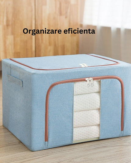 de Depozitare Pliabila, 100 L, din Bumbac si In,2 Ferestre, Frontala si Laterala, 2 Usi de Acces cu Fermoar Bidirectional, Cadru Metalic, Suport Baza Stabil din Plastic, Bleu