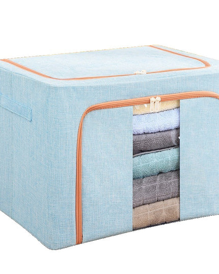 de Depozitare Pliabila, 100 L, din Bumbac si In,2 Ferestre, Frontala si Laterala, 2 Usi de Acces cu Fermoar Bidirectional, Cadru Metalic, Suport Baza Stabil din Plastic, Bleu