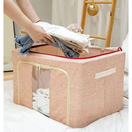 de Depozitare Pliabila, 100 L, din Bumbac si In,Fereastra Frontala, 2 Usi de Acces cu Fermoar Bidirectional, Cadru Metalic, Suport Baza Stabil din Plastic