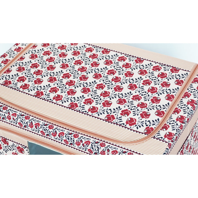 de Depozitare Pliabila, 100 L din Bumbac si In,Fereastra Frontala, 2 Usi de Acces cu Fermoar Bidirectional, Cadru Metalic, Suport Baza Stabil din Plastic, Motiv Traditional Model 4