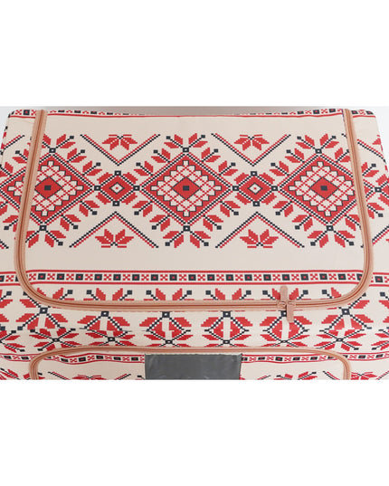 de Depozitare Pliabila, 100 L din Bumbac si In,Fereastra Frontala, 2 Usi de Acces cu Fermoar Bidirectional, Cadru Metalic, Suport Baza Stabil din Plastic, Motiv Traditional Model 2