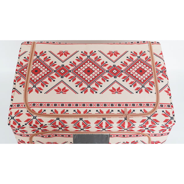 de Depozitare Pliabila, 100 L din Bumbac si In,Fereastra Frontala, 2 Usi de Acces cu Fermoar Bidirectional, Cadru Metalic, Suport Baza Stabil din Plastic, Motiv Traditional Model 2