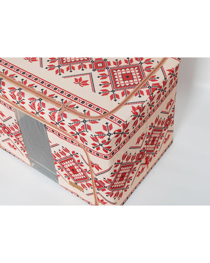 de Depozitare Pliabila, 100 L din Bumbac si In,Fereastra Frontala, 2 Usi de Acces cu Fermoar Bidirectional, Cadru Metalic, Suport Baza Stabil din Plastic, Motiv Traditional Model 2