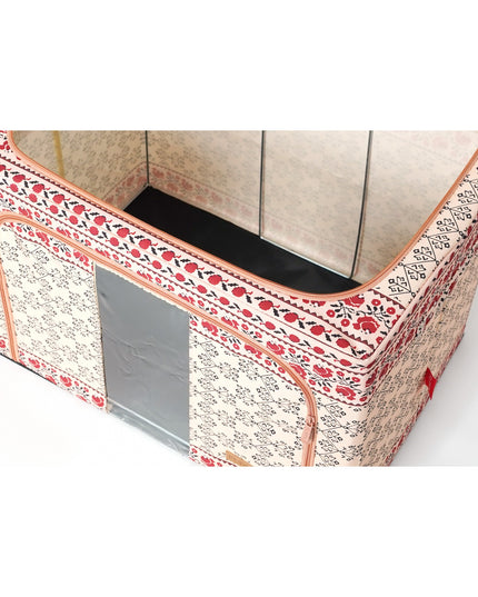 de Depozitare Pliabila, 100 L din Bumbac si In,Fereastra Frontala, 2 Usi de Acces cu Fermoar Bidirectional, Cadru Metalic, Suport Baza Stabil din Plastic, Motiv Traditional Model 3