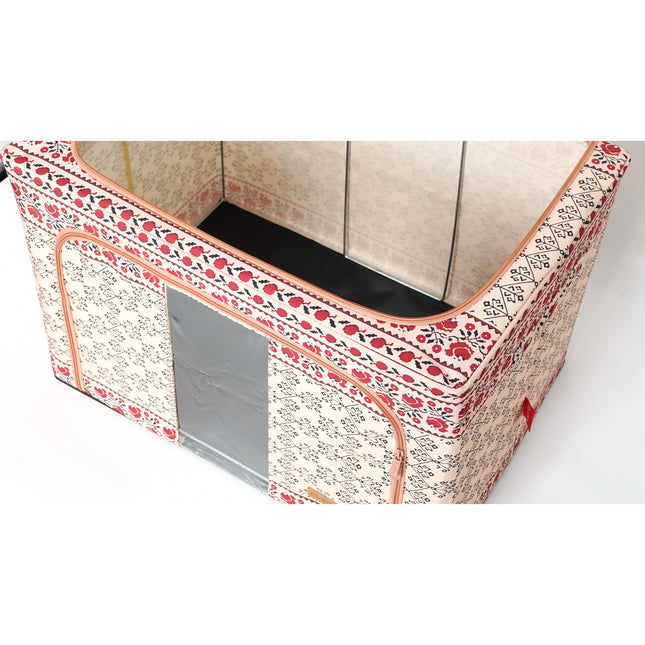 de Depozitare Pliabila, 100 L din Bumbac si In,Fereastra Frontala, 2 Usi de Acces cu Fermoar Bidirectional, Cadru Metalic, Suport Baza Stabil din Plastic, Motiv Traditional Model 3