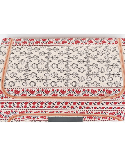 de Depozitare Pliabila, 100 L din Bumbac si In,Fereastra Frontala, 2 Usi de Acces cu Fermoar Bidirectional, Cadru Metalic, Suport Baza Stabil din Plastic, Motiv Traditional Model 3