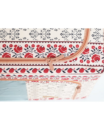 de Depozitare Pliabila, 100 L din Bumbac si In,Fereastra Frontala, 2 Usi de Acces cu Fermoar Bidirectional, Cadru Metalic, Suport Baza Stabil din Plastic, Motiv Traditional Model 3