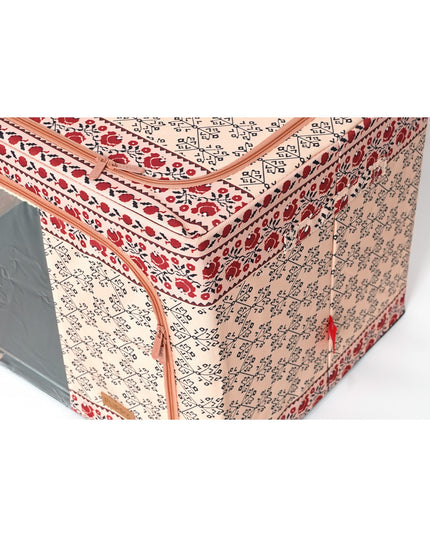 de Depozitare Pliabila, 100 L din Bumbac si In,Fereastra Frontala, 2 Usi de Acces cu Fermoar Bidirectional, Cadru Metalic, Suport Baza Stabil din Plastic, Motiv Traditional Model 3