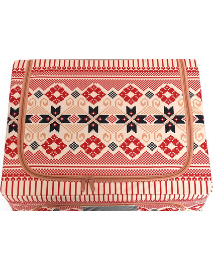 de Depozitare Pliabila, 100 L din Bumbac si In,Fereastra Frontala, 2 Usi de Acces cu Fermoar Bidirectional, Cadru Metalic, Suport Baza Stabil din Plastic, Motiv Traditional Model 1