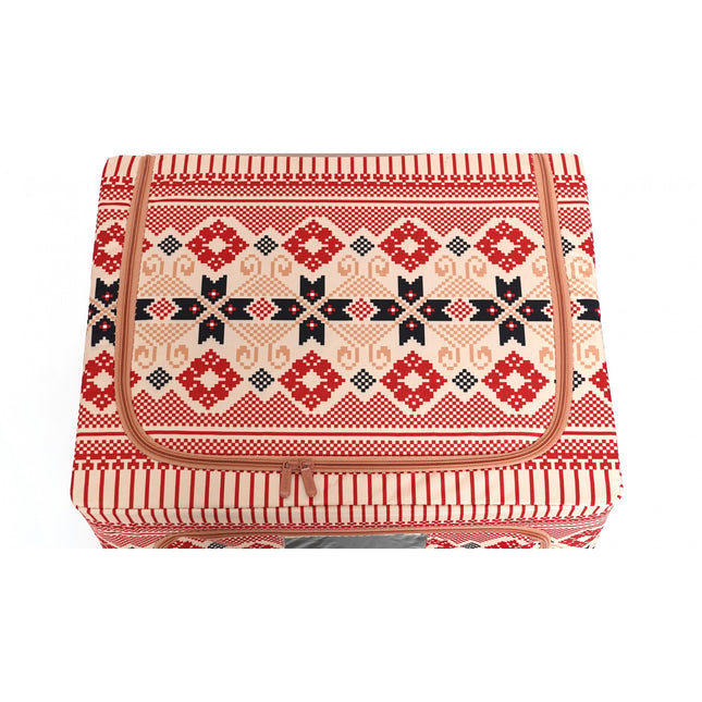 de Depozitare Pliabila, 100 L din Bumbac si In,Fereastra Frontala, 2 Usi de Acces cu Fermoar Bidirectional, Cadru Metalic, Suport Baza Stabil din Plastic, Motiv Traditional Model 1