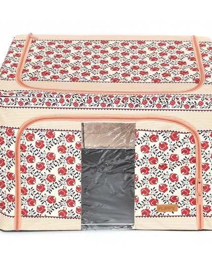 de Depozitare Pliabila, 100 L din Bumbac si In,Fereastra Frontala, 2 Usi de Acces cu Fermoar Bidirectional, Cadru Metalic, Suport Baza Stabil din Plastic, Motiv Traditional Model 4