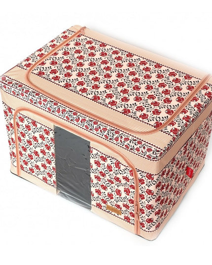 de Depozitare Pliabila, 100 L din Bumbac si In,Fereastra Frontala, 2 Usi de Acces cu Fermoar Bidirectional, Cadru Metalic, Suport Baza Stabil din Plastic, Motiv Traditional Model 4