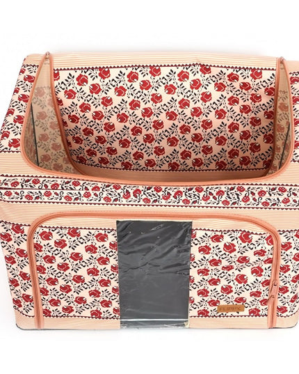 de Depozitare Pliabila, 100 L din Bumbac si In,Fereastra Frontala, 2 Usi de Acces cu Fermoar Bidirectional, Cadru Metalic, Suport Baza Stabil din Plastic, Motiv Traditional Model 4