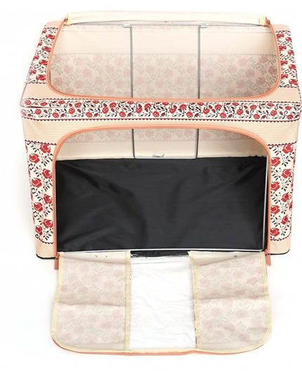 de Depozitare Pliabila, 100 L din Bumbac si In,Fereastra Frontala, 2 Usi de Acces cu Fermoar Bidirectional, Cadru Metalic, Suport Baza Stabil din Plastic, Motiv Traditional Model 4